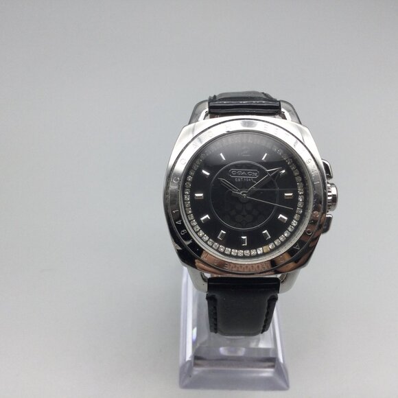 Coach Watch Women 39mm Silver Tone Black Logo Dial Crystals Leather New Battery main image 15